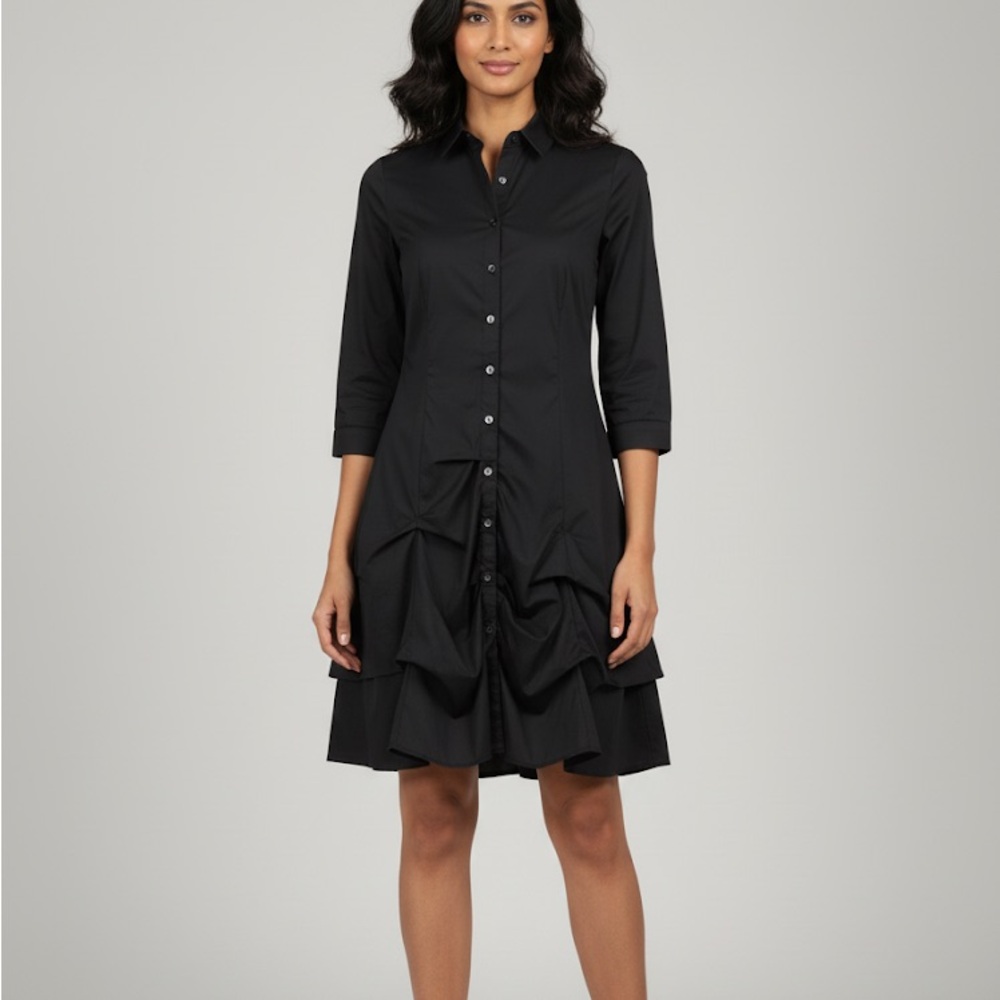 Joseph Ribkoff Black Button-Front Ruffled Shirt Dress